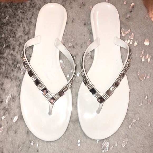 Shoes - White crystal flat flip flop sandals size 41